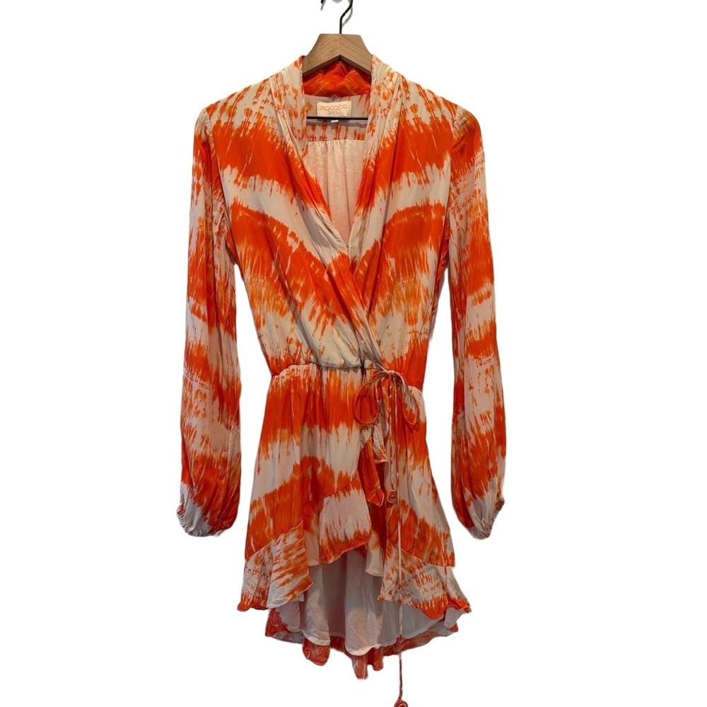 ROCOCO SAND Womens Mini Dress Size S Orange Off-White Tie-Dye Long Sleeve Collar